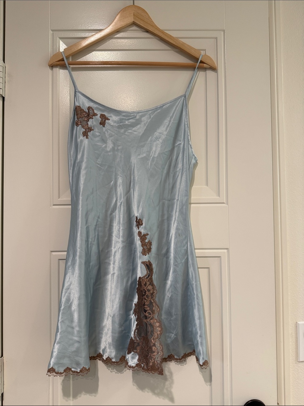 2005 Victoria Secret Light Blue Satin Slip Dress with Brown Lace Trim